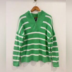 Lands' End Drifter Green White Stripe 1/4 Zip Pullover Sweater XL Cotton
